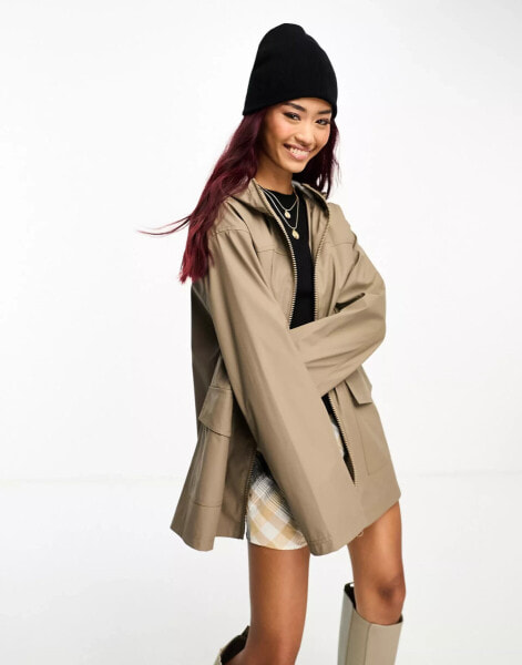 ASOS DESIGN rubberised rain coat in mushroom