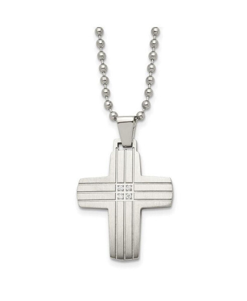 Chisel brushed and CZ Grooved Cross Pendant Ball Chain Necklace