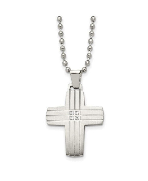 Brushed and CZ Grooved Cross Pendant Ball Chain Necklace