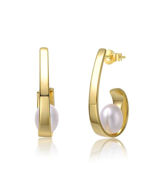 Elegant Sterling Silver & 14K Gold-Plated Ribbon Half-Hoop Earrings with White Freshwater Pearl Drops