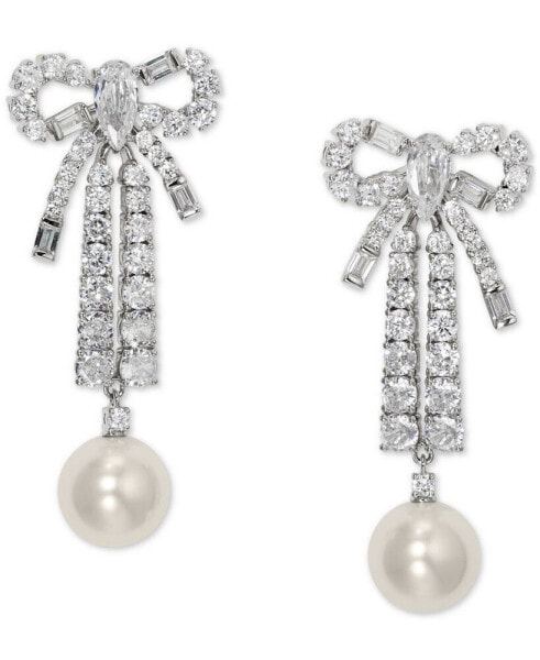 Rhodium-Plated Cubic Zirconia & Imitation Pearl Linear Drop Earrings, Created for Macy's