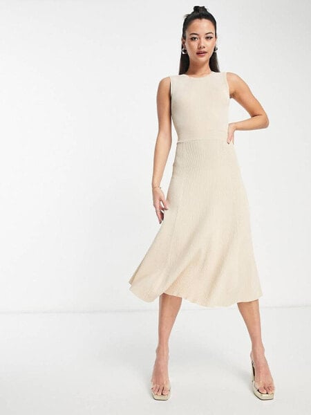 Morgan sleeveless knitted rib midi skater dress in cream