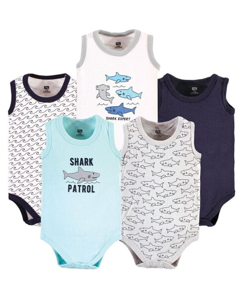 Baby Boys Cotton Sleeveless Bodysuits, Shark Patrol, 5-Pack
