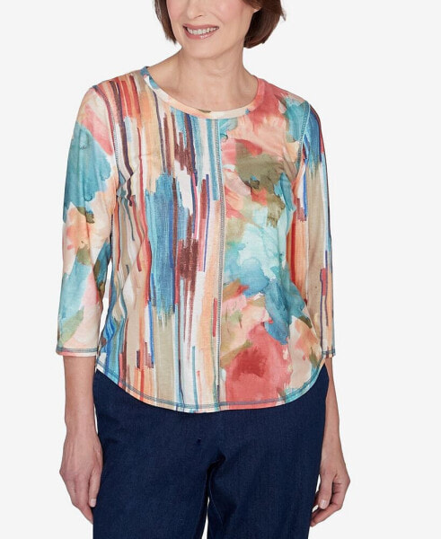 Sedona Sky Women's Spliced Floral Brushstroke Stripes Top