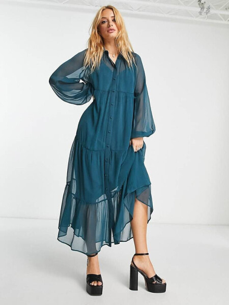  ASOS DESIGN tiered button through maxi shirt dress in teal