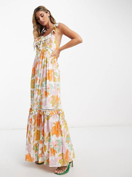 ASOS DESIGN ruffle maxi sundress with lace inserts in retro floral 