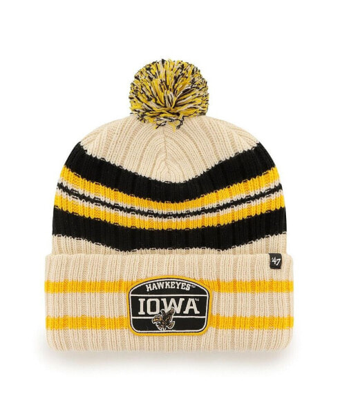 Men's '47 Natural Iowa Hawkeyes Hone Patch Cuffed Knit Hat with Pom