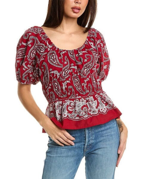 Sea Ny Theodora Paisley Print Puff Sleeve Top Women's Red Xxs