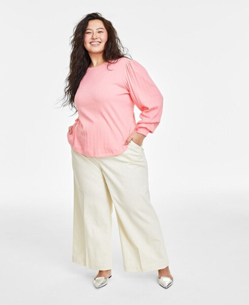 Plus Size Pointelle-Rib Long-Sleeve Top, Created for Macy's