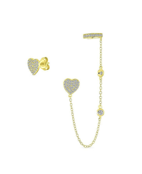 Heart Shaped Chain Cartilage Ear Cuff Wrap Earring Pave CZ Stud Helix Earring Stud Set Gold Plated Sterling Silver