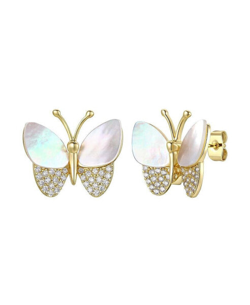 Sterling Silver Large 14k Gold Plated Sterling Silver with Mother of Pearl & Cubic Zirconia Butterfly Stud Earrings