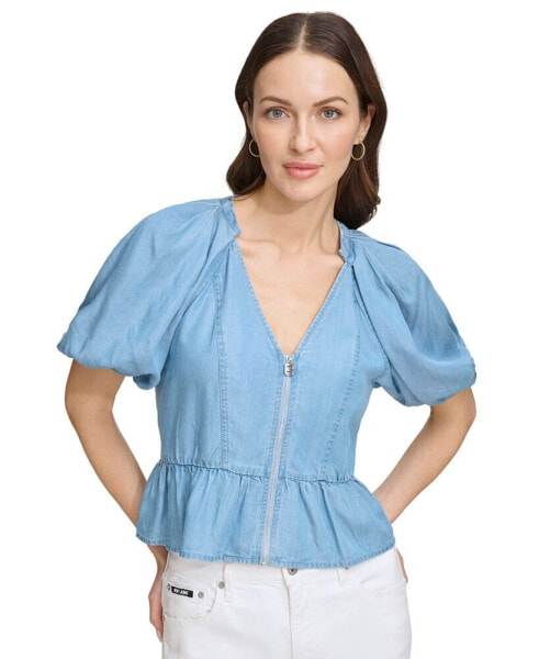 Women's Zip-Front Puff-Sleeve Blouse