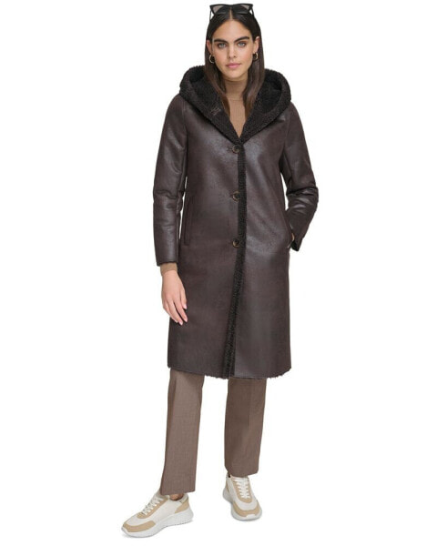 Women's Hooded Faux-Shearling Trim Coat