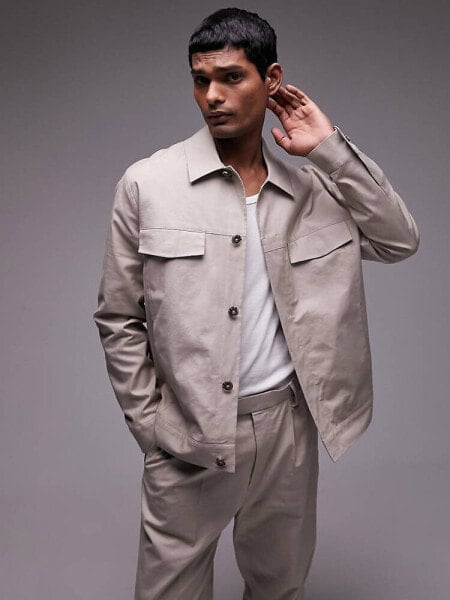 Topman smart harrington linen blend suit jacket in stone