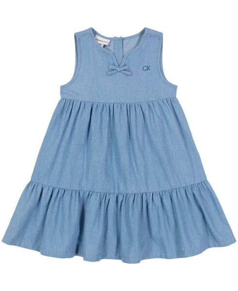 Toddler Girls Sleeveless Chambray Ruffle Hem Dress