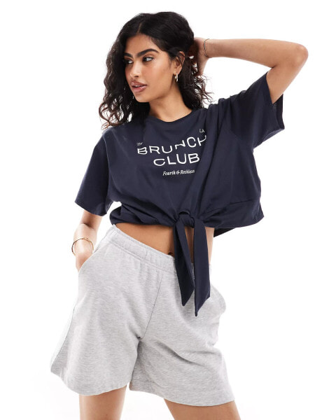 4th & Reckless tie front brunch club motif cropped t-shirt in navy