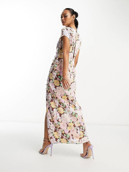 Женское вечернее платье ASOS DESIGN Midi-Freizeitkleid aus Satin mit markantem Blumenprint und seitlichem Knopfdetail