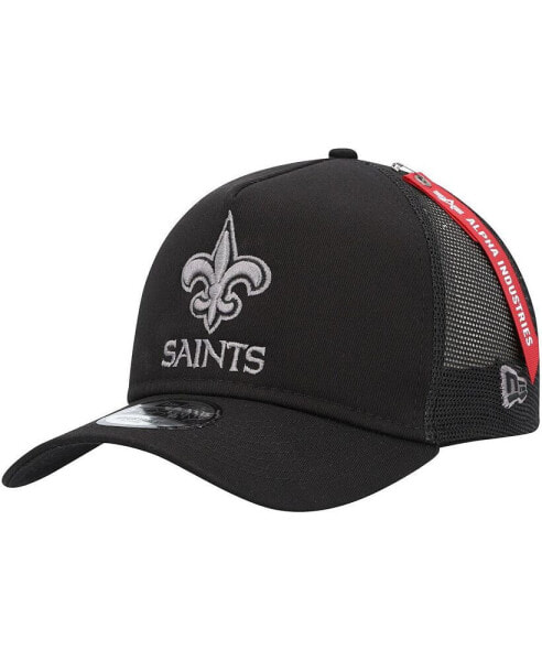 Men's x Alpha Industries Black New Orleans Saints A-Frame 9FORTY Trucker Snapback Hat