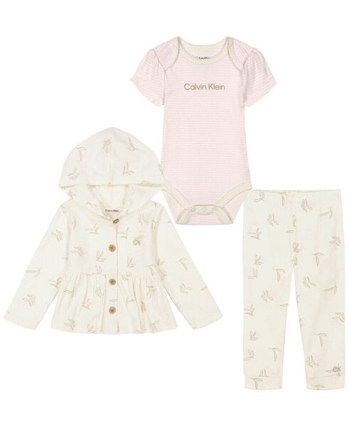 Baby Girls Floral Sketch Interlock Cardigan and Joggers, 3 Piece Set