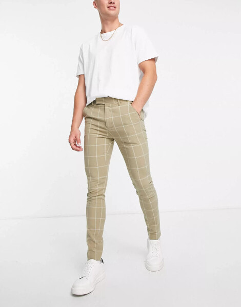 ASOS DESIGN – Elegante Hose in Stein mit superengem Schnitt und großem Karomuster