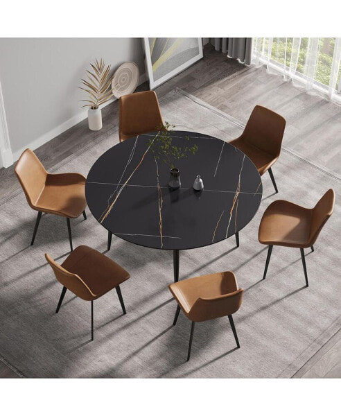 59.05" Modern Man-Made Stone Round Black Metal Dining Table-Position For 6 People