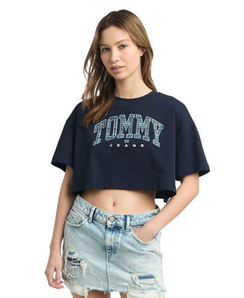 Women's Cotton Oversized Cropped Tartan Graphic T-Shirt