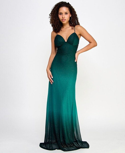 Juniors' Strappy Glitter Slim-Fit Gown
