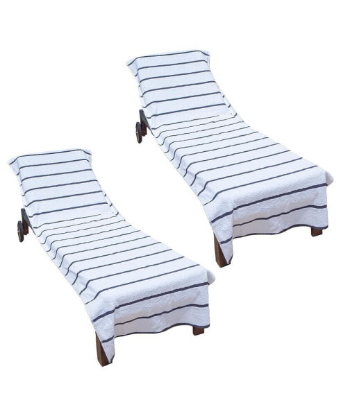Chaise Lounge Cover (Pack of 2, 30x85 in.), Cotton Terry Towel with Pocket to Fit Outdoor Pool or Lounge Chair, White with Colored Stripes