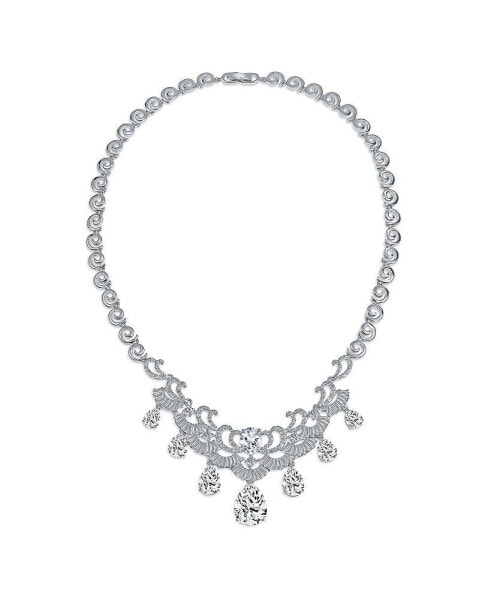 Estate Jewelry Art Deco Style Baguette AAA CZ Clear Large Dangling Teardrops Bib Statement Bridal Collar Necklace For Women, Wedding