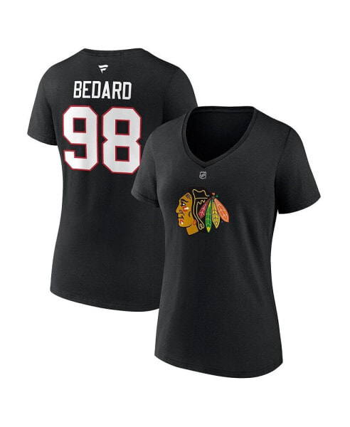 Футболка женская Fanatics Chicago Blackhawks 2023 NHL Draft Connor Bedard настоящий стек Stack игрока по имени и номеру V-образный воротник черная.