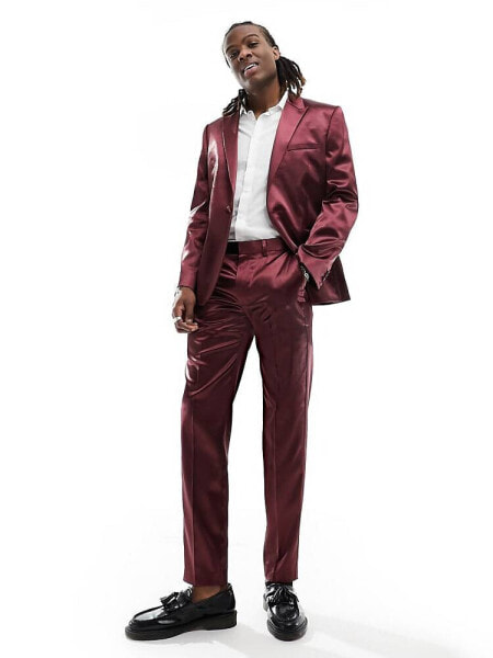 ASOS DESIGN skinny satin suit trouser in burgundy