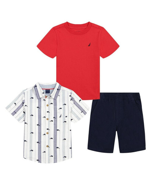 Toddler Boys Short Sleeve T-shirt, Print-Stripe Shirt and Twill Shorts, 3 Pc Set