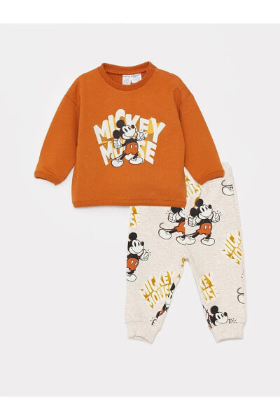 Bisiklet Yaka Uzun Kollu Mickey Mouse Baskılı Erkek Bebek Sweatshirt ve Pantolon 2'li Takım