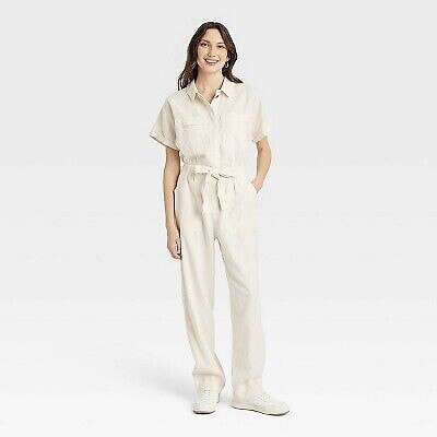 Women's Short Sleeve Linen Boilersuit - Universal Thread Cream 16