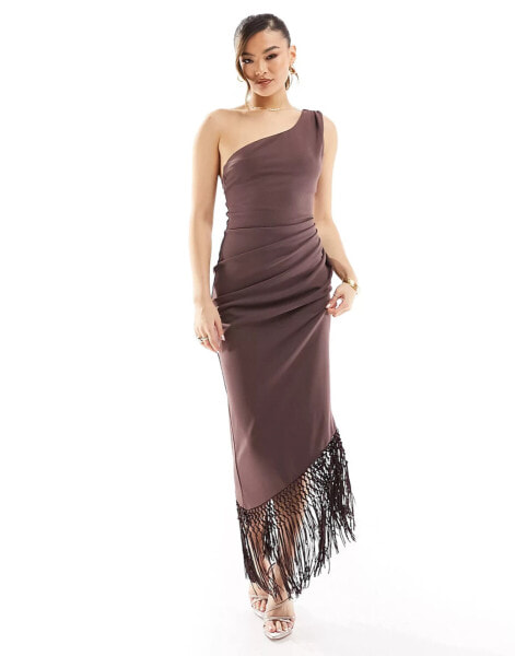 ASOS DESIGN one shoulder draped fringe trim midi dress in mauve