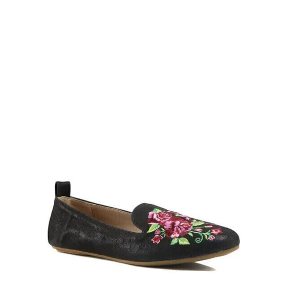 The Pioneer Woman Womens Embroidered Smoking Flat Shoes 8.5 Black Slip-On Floral