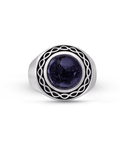 Blue Sand Stone Flat Back Cabochon Gemstone Silver Signet Ring in Black Rhodium