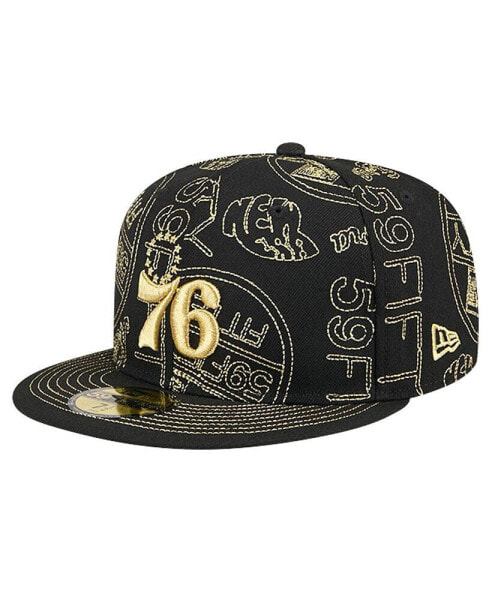 Men's Black Philadelphia 76ers 59FIFTY Day Allover Print Stencil Fitted Hat