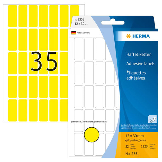 HERMA Multi-purpose labels 12x30 mm yellow paper matt hand inscription 1120 pcs. - Yellow - Rounded rectangle - Cellulose - Paper - Germany - 12 mm - 30 mm