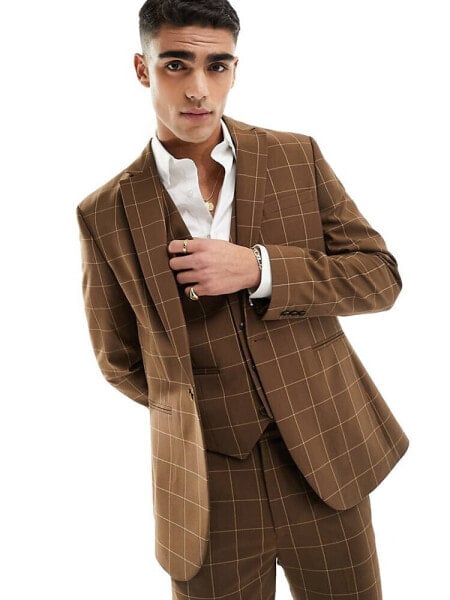 ASOS DESIGN skinny suit jacket in brown tonal check