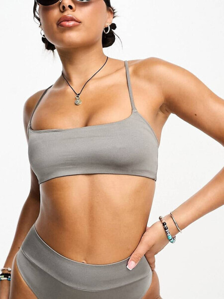 Weekday Marine cross front bikini top in shiny grey