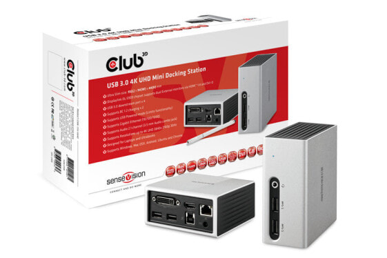 Док-станция Club 3D USB 3.2 Gen 1 4K UHD at 30Hz Mini Docking Station Ultra slim Design - Wired - USB 3.2 Gen 1 (3.1 Gen 1) Type-A - 3.5 mm - 10,100,1000 Mbit/s - Black - Silver - 3840 x 2160 pixels