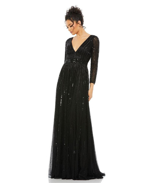 Women's Sequined V Neck Illusion Sleeve A Line Gown