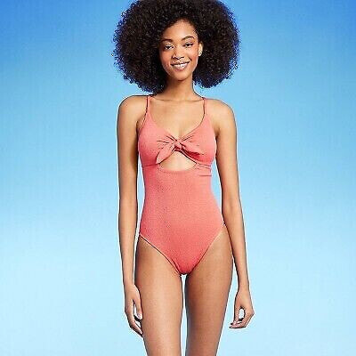 Women's Crepe Bralette Tie-Front One Piece Swimsuit - Shade & Shore Coral Pink M