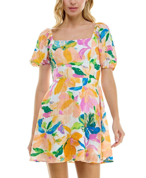 Juniors' Puffed-Sleeve Floral-Print Smocked-Back Dress