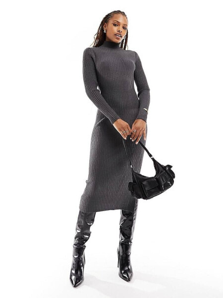 Object high neck ribbed knit bodycon midi dress with metallic shimmer in grey