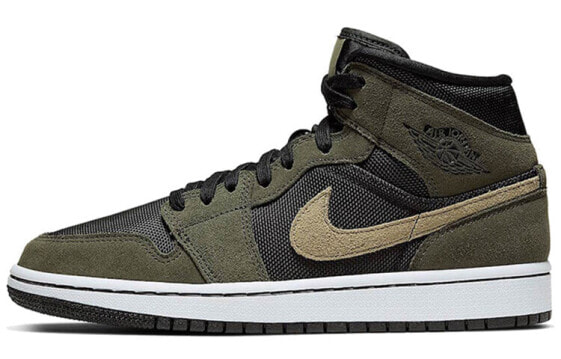 Кроссовки Nike Air Jordan 1 Mid Military Olive (W) (Хаки, Черный)