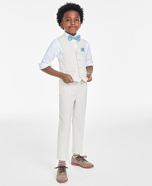 Little Boys Machine Washable Natural-Linen-Look Vest, Shirt, Pants, Bowtie and Pocket Square, 5 Piece Set