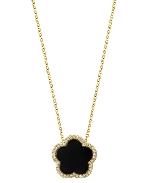 EFFY® Onyx & Diamond (1/6 ct. t.w.) Flower Halo 18" Pendant Necklace in 14k Gold