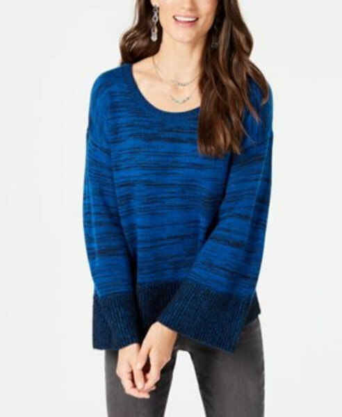 Style & Co Women's Boxy Eyelash Cuff Sweater Ribbed trim Blue Black S